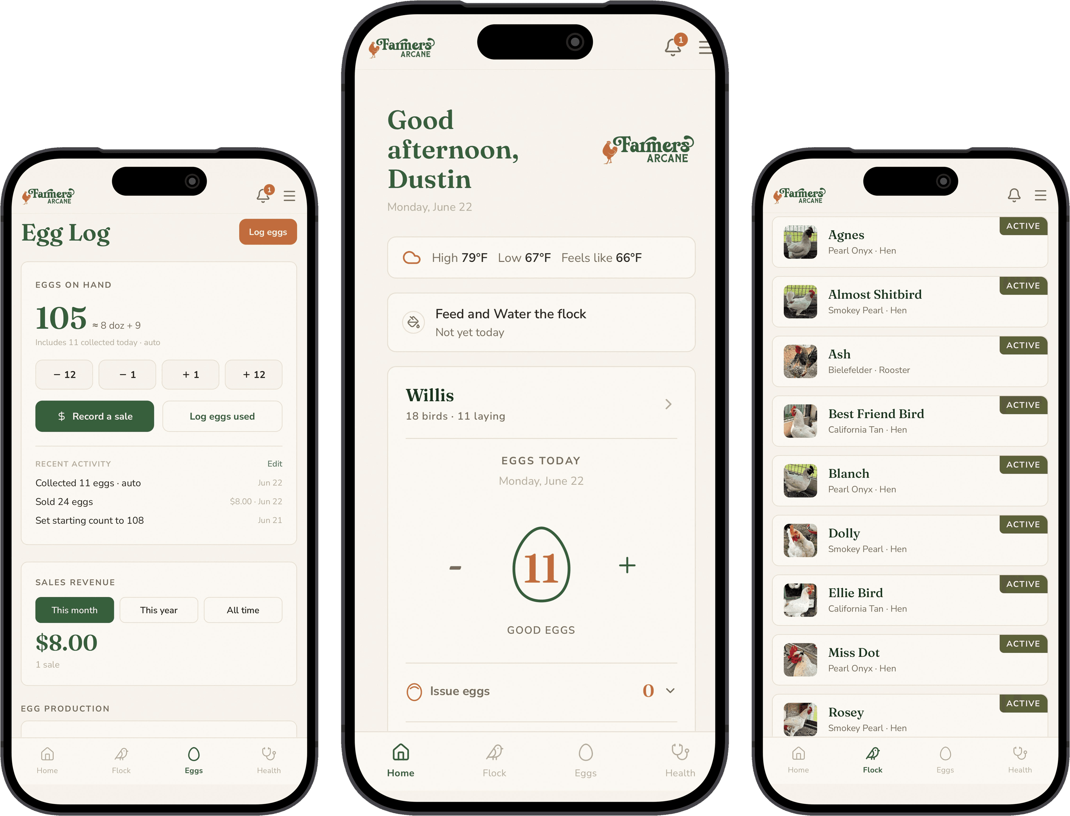 Farmers Arcane app shown on three phones — egg log, home dashboard, and health tracking